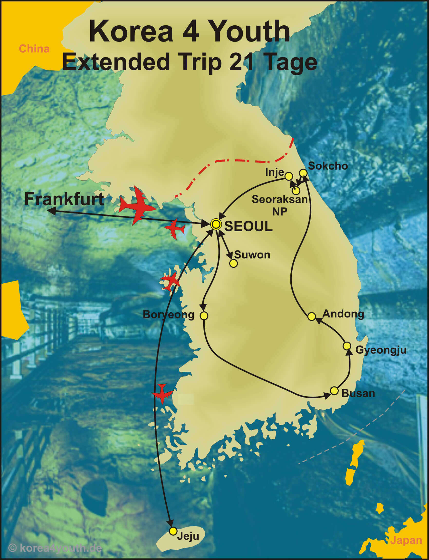 Karte der Reiseroute fuer den Urlaub in Korea